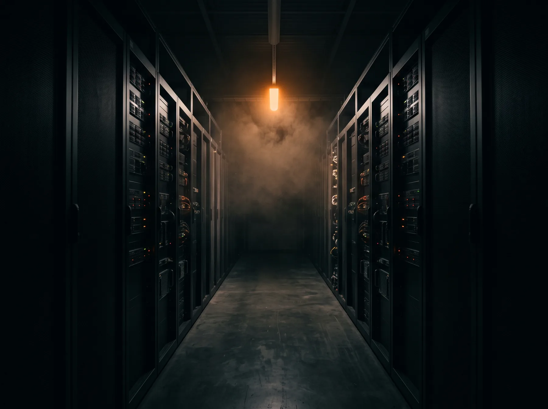 Dark data centre aisle with black racks receding into shadow