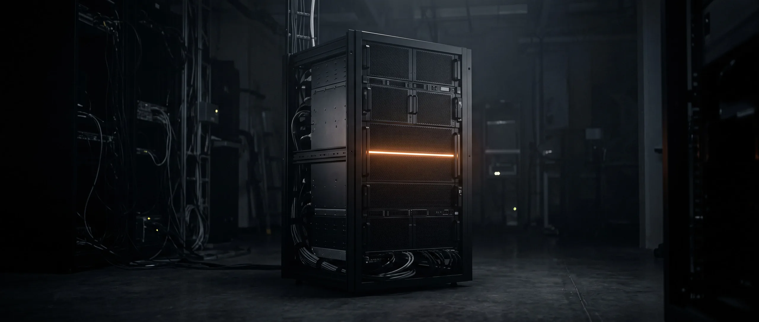 A matte black compute rack standing in a dark laboratory, lit by a single orange indicator strip