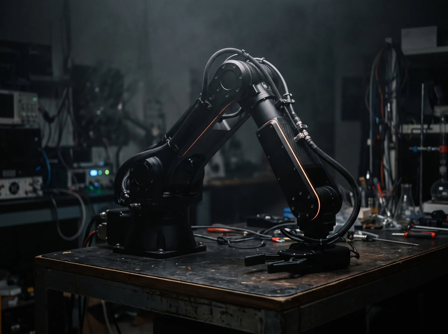A black articulated robotic arm on a dark laboratory workbench, lit along one edge in orange